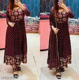 Women's Printed Anarkali Kurti & Pant Dupatta Set (Navy-blue), rayon fabric, three-quarter sleeves. "Anarkali Dupatta Set" for summer fashion 2023, stitched design. Kurta with dupatta and bottomwear for women