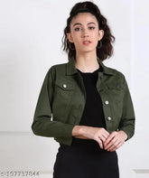 Denim solid-colored trendy women's long sleeve jacket, size S (36in bust, 21in length), made in India