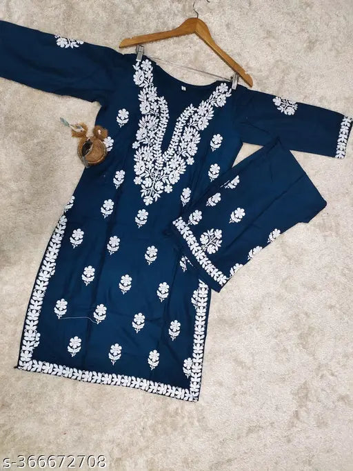 Rayon Chikankari Kurti and Palazzo Set - Embroidered, three-quarter sleeves, women's fashion from India