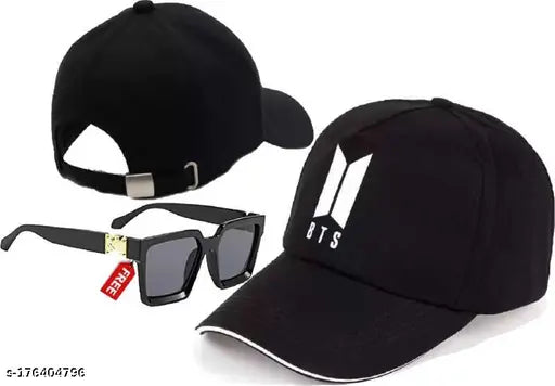 Adjustable BTS Korean baseball cap with black lens sunglasses in cotton, popular combo for men, boys, and girls on display