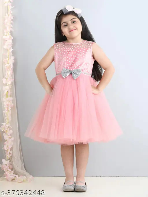 Dusty rose net knee length dress for kids, printed with toy balloons for parties