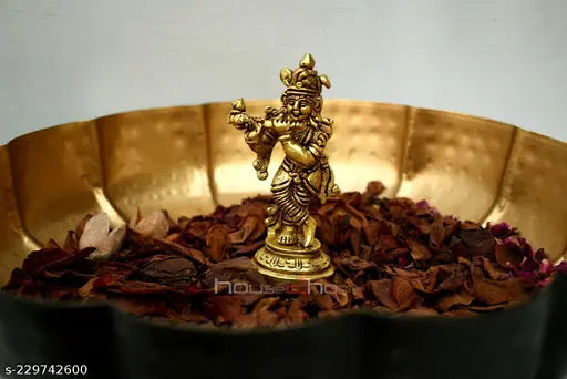 Brass antique Krishna statue, finely detailed carving, 3.5cm x 9cm x 5cm handcrafted idol from India