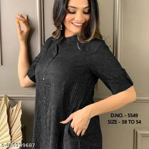 Women's black striped cotton kurta and palazzos set, short-sleeved Indian clothing