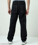 Black denim casual wear cargo pants, baggy fit for boys size 28/30/32, clean and abstract net pattern, made in India