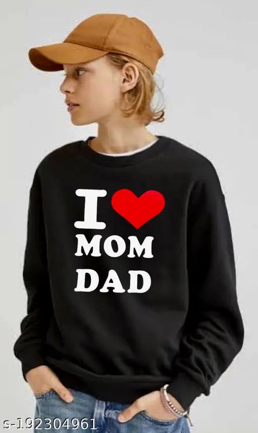 Black cotton blend kids sweatshirt with 'I love mom & dad' round neck print, suitable for children aged 6-5 years. Product by Ni kids Nayra, made in India." (120 characters)