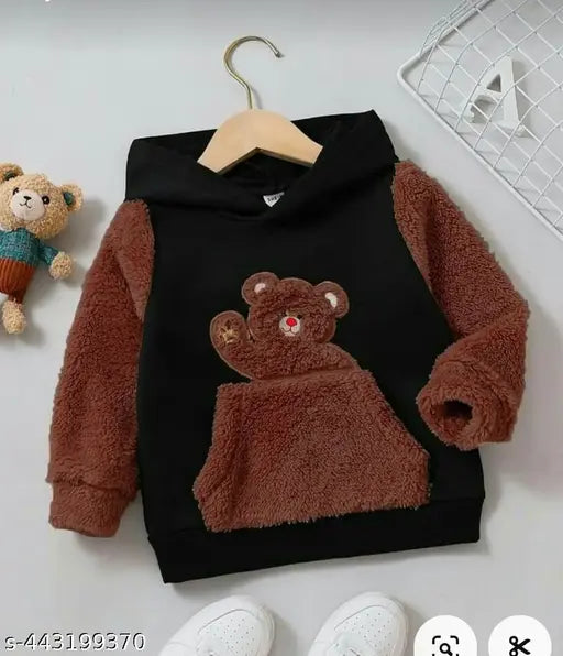 Cotton blend boys' teddy hoodie jacket with bear embroidery - warm winter clothes for kids aged 12 months to 7 years, made in India