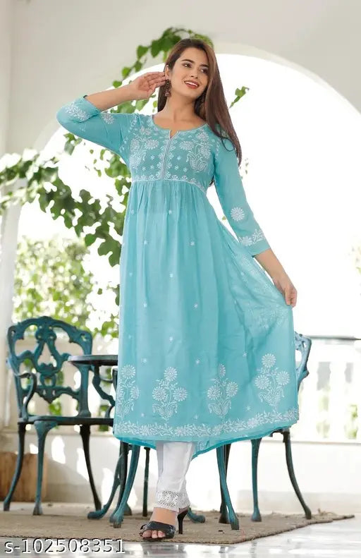 Aqua Blue Rayon Chikankari Anarkali Kurti, three-quarter sleeves, size S-6XL