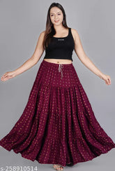 Purple printed cotton long skirt for women, size 34-Free Size, on mannequin