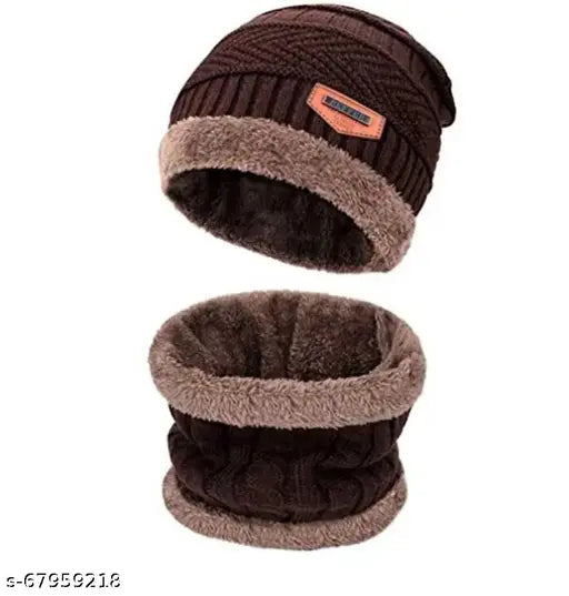 Woolen fur-lined winter cap with neck warmer, perfect for cold weather protection
