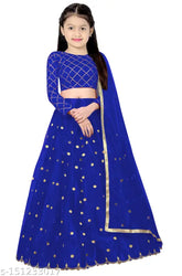 Embroidered net lehenga choli for girls, checked pattern, long sleeves, size 8-12 years, Indian craftsmanship
