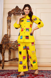 Women's cotton partywear nightsuits with three-quarter sleeves, printed net design. Two sizes available: L (Top bust 40", Top length 28", Bottom waist 32", Bottom length 38") and XL (Top bust 42", Top length 28", Bottom waist 34", Bottom length 38"). Made in India