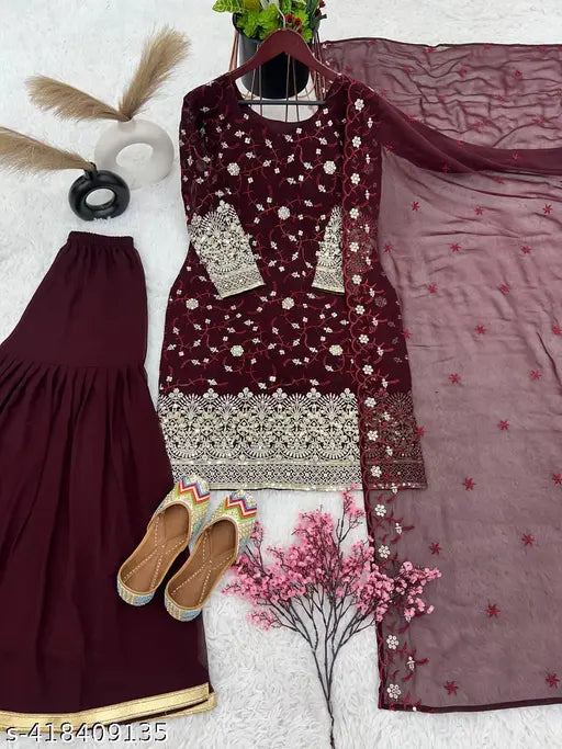 Georgette embroidered top-plazzo and dupatta set, heavy sequin work, ready-to-wear Indian fashion