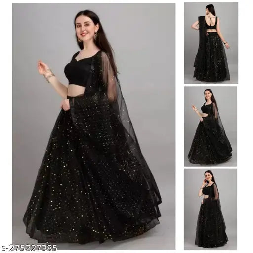 Black semi-stitched lehenga choli set with embellished net dupatta, Indian traditional women's wear in free size (42in/43in waist & 2m length)