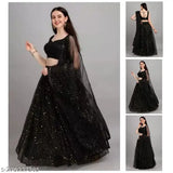 Black semi-stitched lehenga choli set with embellished net dupatta, Indian traditional women's wear in free size (42in/43in waist & 2m length)