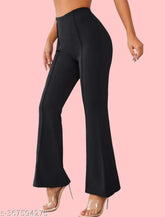 Black polyester blend bell-bottom trousers (38 inches), high waist elastic band - casual, formal, office, or party wear