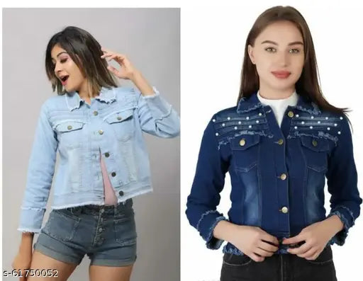 Denim, long-sleeved, dyed/washed women's denim jackets (S: Bust 34in, Length 20in; M: Bust 36in, Length 20in; L: Bust 38in, Length 20in; XL: Bust 40in, Length 20in), trendy and stylish combo from India
