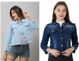 Denim, long-sleeved, dyed/washed women's denim jackets (S: Bust 34in, Length 20in; M: Bust 36in, Length 20in; L: Bust 38in, Length 20in; XL: Bust 40in, Length 20in), trendy and stylish combo from India