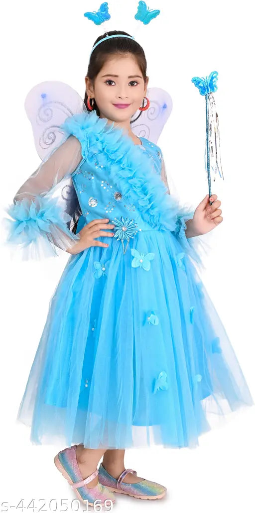 White embellished net midi dress for girls' birthday parties, three-quarter sleeves, India origin