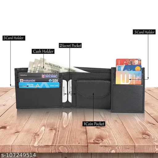 Black textured artificial leather men's wallet with 7 card slots, durable bi-fold design, and additional ID pocket - perfect formal travel accessory