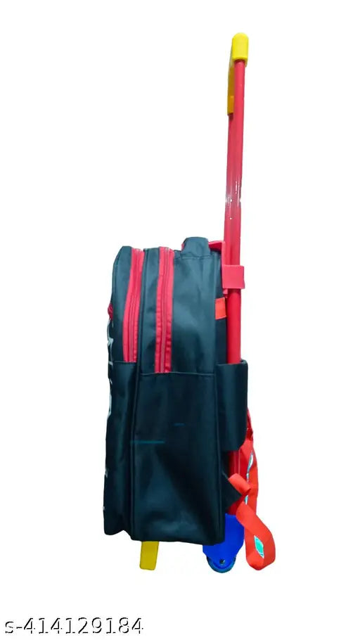 Waterproof polyester school trolley bag (30 L, black), features spider print and adjustable shoulder straps. Durable design for kids aged 2-8, capable of storing A4 notebooks