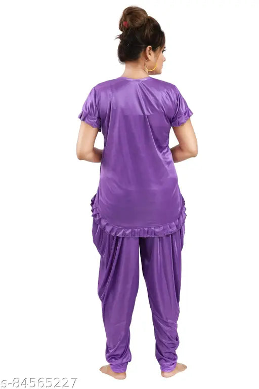 Purple satin dhoti top night suit with short sleeves and lace pattern, free size from India