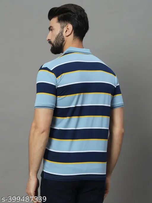 Blue and white striped UNIBERRY men's cotton blend polo collar t-shirt, short sleeves with pocket