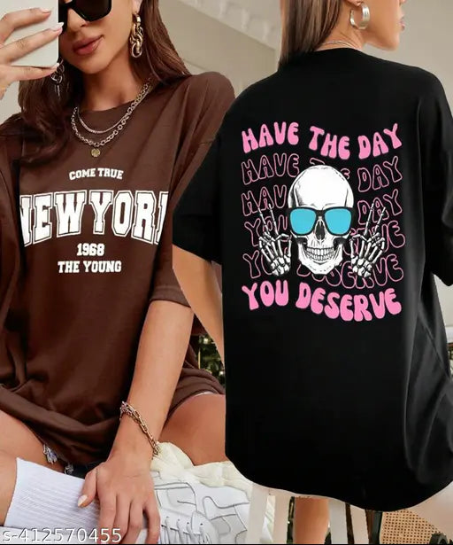 Cotton blend oversized t-shirt pack (2), trending print design, loose fit, short sleeves - TWOCRAZIIE women's fashion, made in India