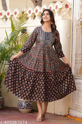 Black rayon embroidered flared anarkali kurta for women, printed combo style with three-quarter sleeves