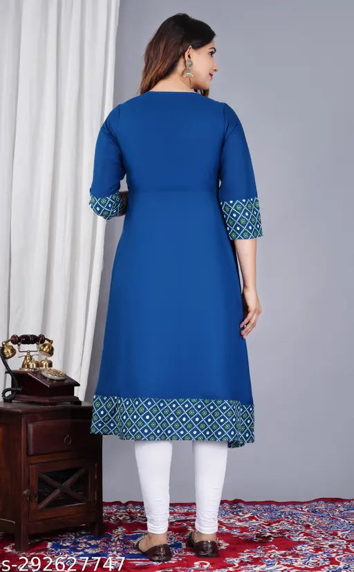 Rayon flared printed kurta with three-quarter sleeves, solid combo. Indian rayon fashion wear for functions and festivals