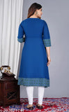 Rayon flared printed kurta with three-quarter sleeves, solid combo. Indian rayon fashion wear for functions and festivals