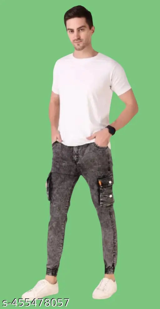Stylish grey, black, and blue six-pocket cargo denim jeans for men (size 26-36), India origin