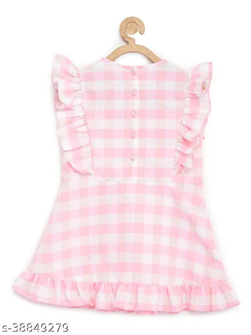 Pure cotton pink check dress with attached waist bows, sleeveless, 2-3 Years size, Indian craftsmanship highlighted