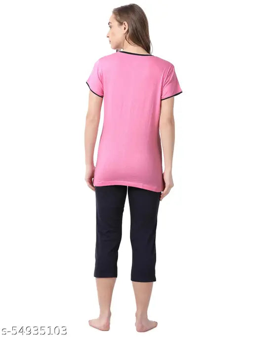 Pink and navy cotton printed pajama set by ONCH for women's calf-length nightwear