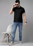 Black cotton blend polo t-shirt for men and women, short sleeves, solid design on display