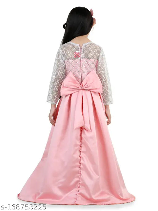 Beige satin long-sleeve floor gown with designer net sleeves for 5-7 year old girls, Indian-made by Hauppers