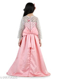 Beige satin long-sleeve floor gown with designer net sleeves for 5-7 year old girls, Indian-made by Hauppers