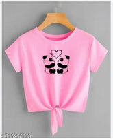 Pink Lycra short-sleeve top with double panda print, size S (bust 32in, length 18in), made in India