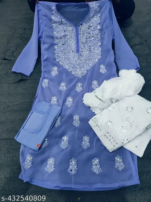 Georgette Chikankari Kurti & Pants set, embellished with mirror work and Qureshia border lace, India origin