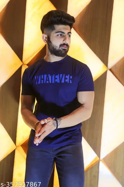 Blue cotton blend men's T-shirt with HD premium design, oversized and comfortable