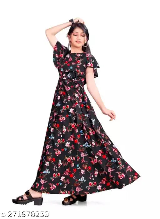 Girl's printed polyester fit and flare ankle length gown with short sleeves, rose flower print, round neck, belted design. High-quality party wear for special occasions