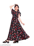 Girl's printed polyester fit and flare ankle length gown with short sleeves, rose flower print, round neck, belted design. High-quality party wear for special occasions