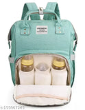 Water-resistant green diaper bagpack with stroller hooks. Large capacity backpack with multiple compartments and insulated bottle pockets, practical for mommy on the go