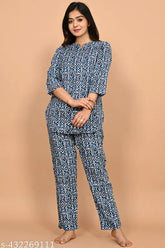 Rayon night suit for women, printed pattern, three-quarter sleeves, trendy fashionable pajamas from India