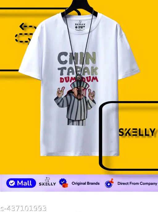 White Skelly-printed micropolyester casual wear t-shirt for men, 160 GSM, permanent print, soft & light feel fabric