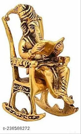 Antique gold oxidized metal Ganesh figurine reading Ramayan on chair, traditional Indian home decor or gift