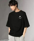 Men's black oversized round neck cotton t-shirt, three-quarter sleeves, printed net design. Large fit for sizes XS to XL, made in India