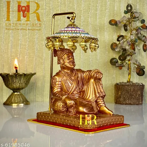 Copper Chhatrapati Shivaji Maharaj Statue with Umbrella - Poly Resin handicraft, ideal for home decor, gifting, or office decor