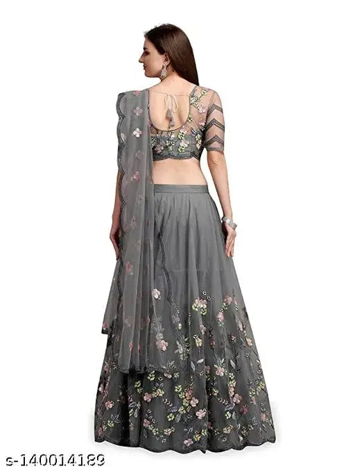 Embroidered grey semi-stitched lehenga choli set on mannequin with floral dupatta, Indian handcrafted net fabric