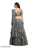 Embroidered grey semi-stitched lehenga choli set on mannequin with floral dupatta, Indian handcrafted net fabric