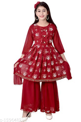 Maroon ethnic floral printed Anarkali Sharara Dupatta set for girls, best-selling Indian kids wear
